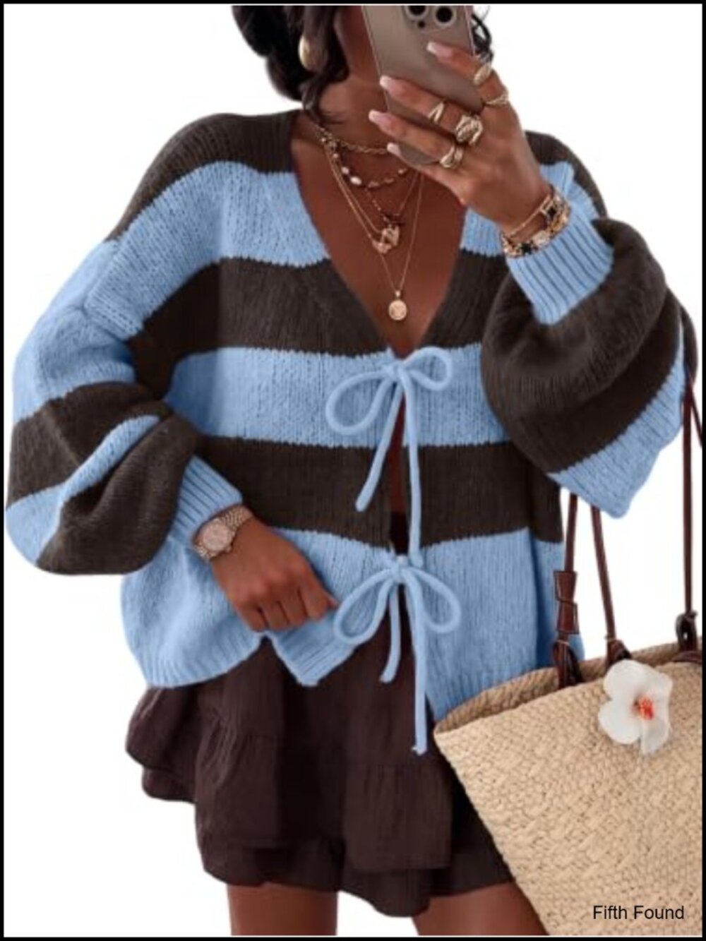 Oversized Striped Chunky Knit Cardigan Bow Tie V-Neck Fall Sweater